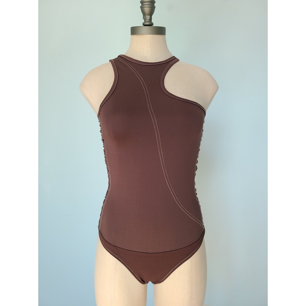 Maniere De Voir Women's 10 Asymmetric Ruched‎ Bodysuit Brown One Shoulder NWT